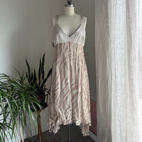 Women’s L Dress Champagne Silk Zebra Burnout Asymmetrical Tiered Gown Jacquard - Picture 1 of 3